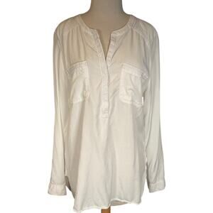 Eddie Bauer Womens Large White Travel Tunic Blouse Long Sleeve V Neck Workwear